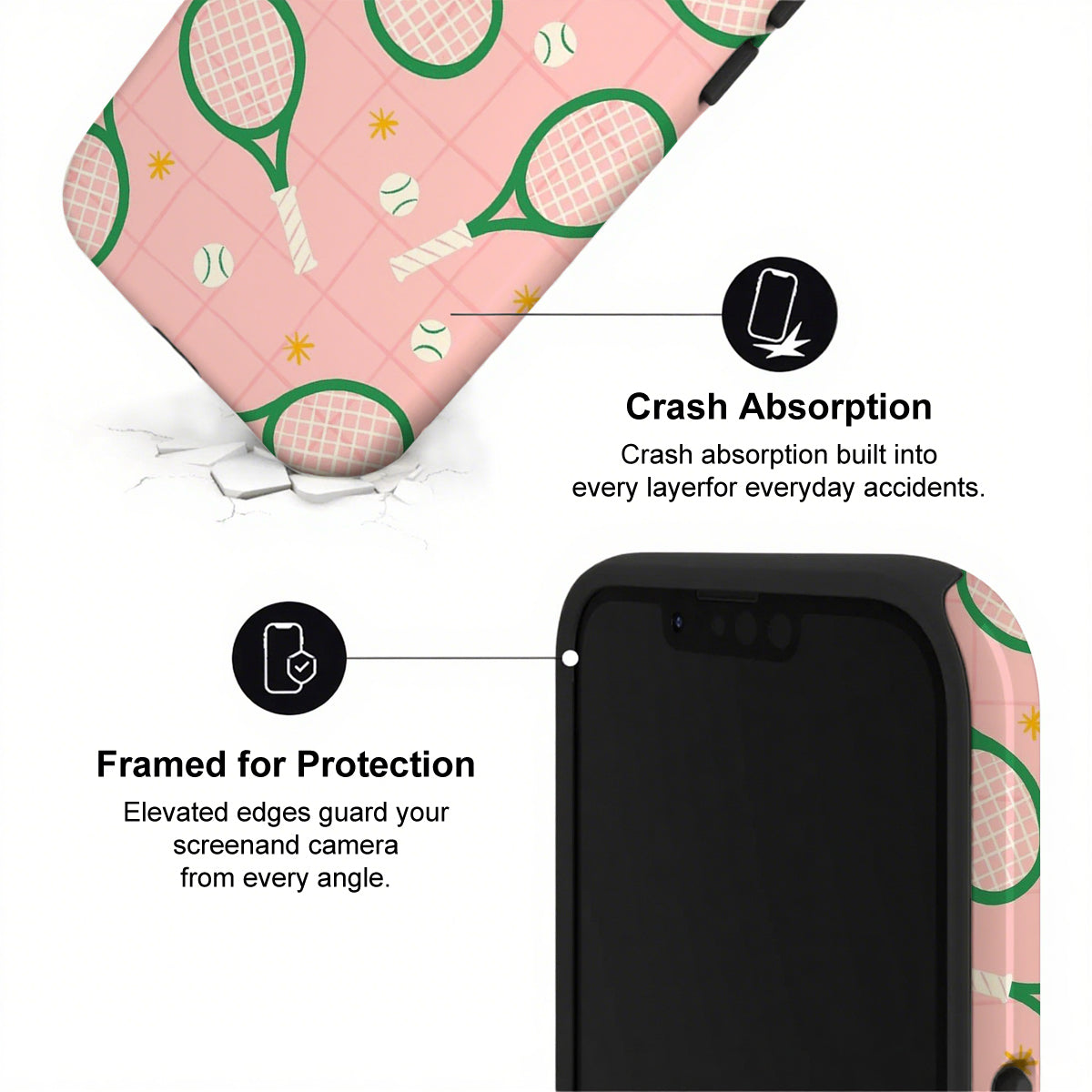 Phone case with tennis racket and ball design, featuring crash absorption and protection features.