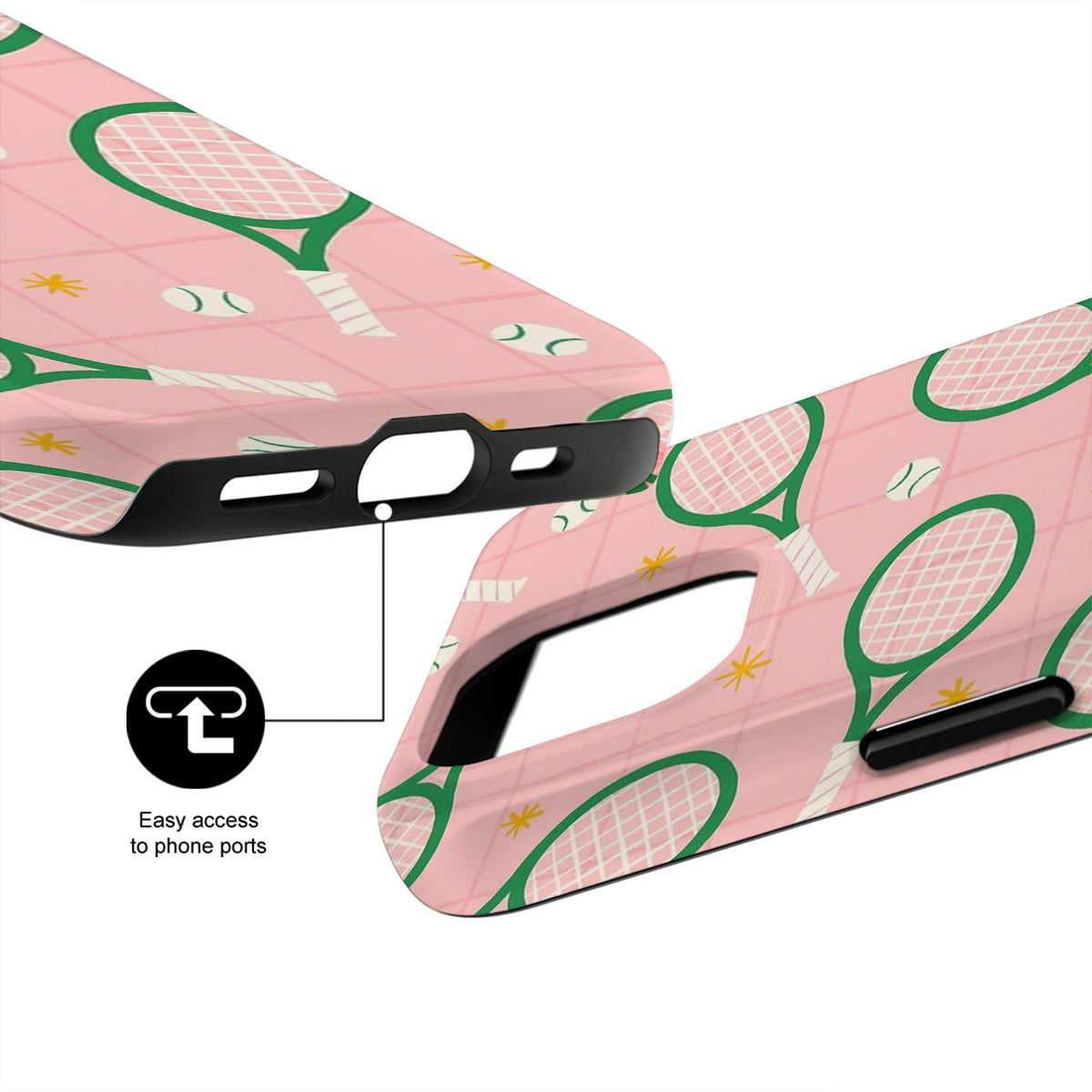 Phone case with tennis racket and ball design on a pink background