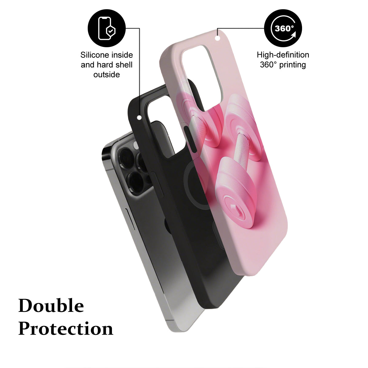 Phone case with black and pink design, featuring text on protection and printing quality.