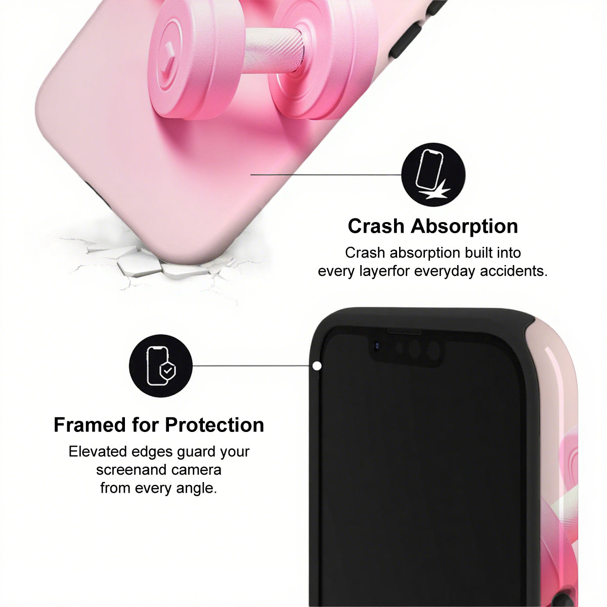 Phone case with crash absorption and framed protection features on a white background
