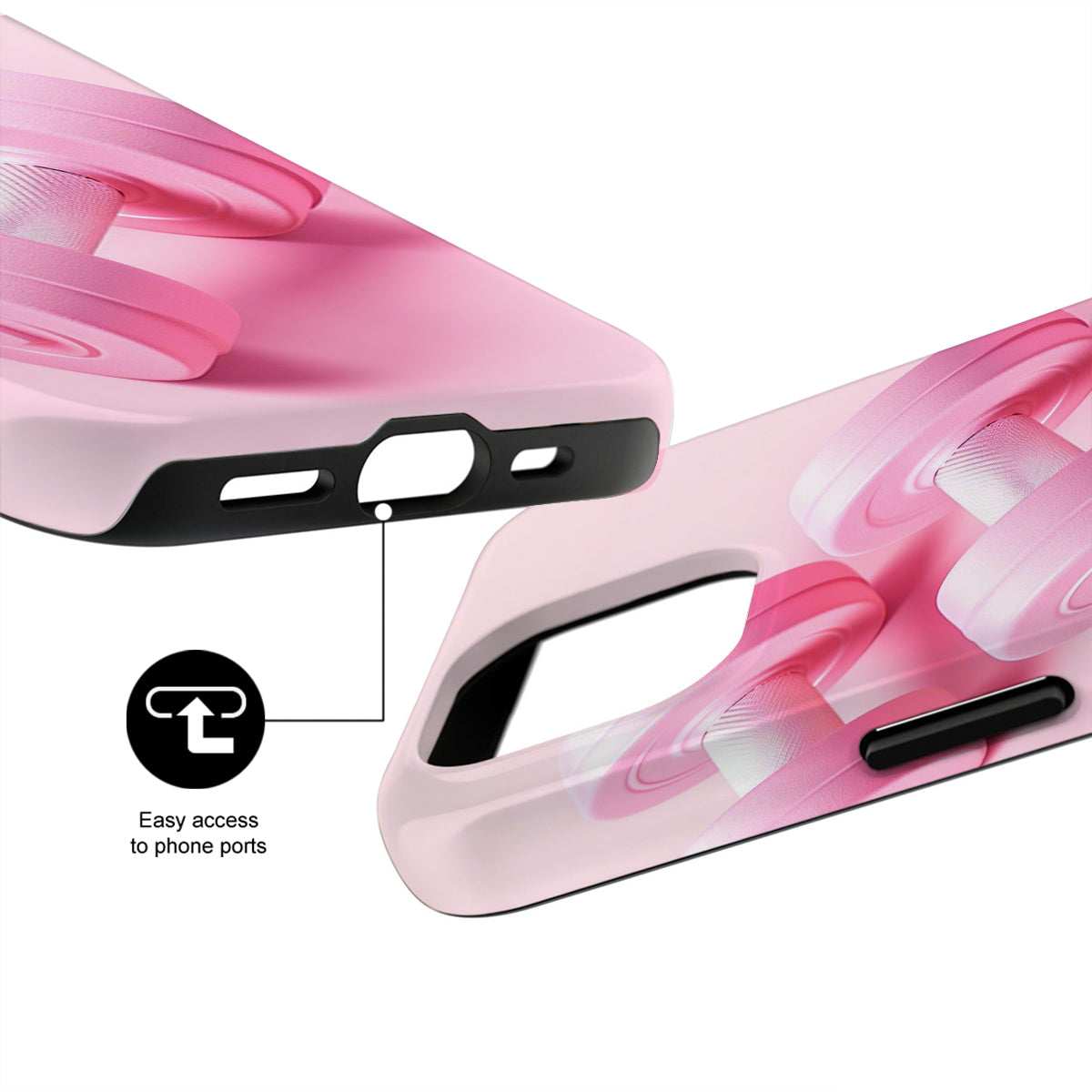 Pink phone case with ports highlighted on a white background