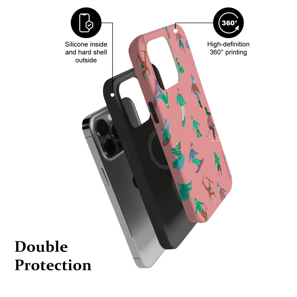 Phone case with a pink design featuring cats, labeled with features like 'Silicone inside and hard shell outside' and '360° high-definition printing'.