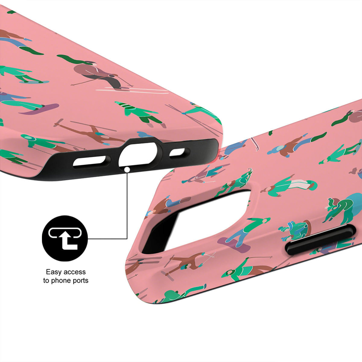 Phone case with pink background and colorful patterns, showing ease of access to phone ports.