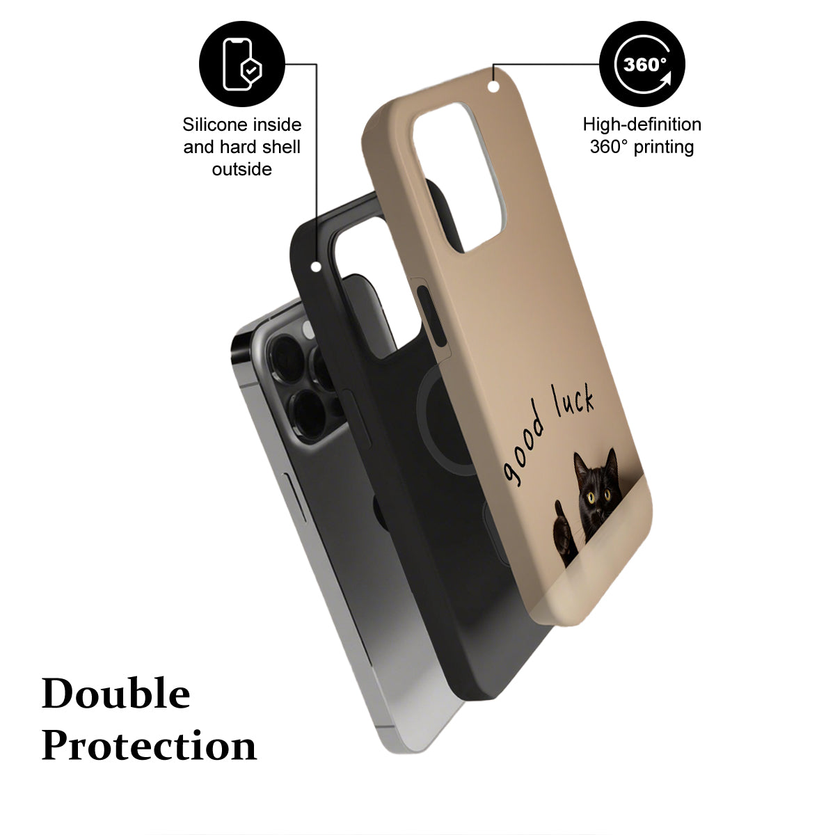 Phone case with 'good luck' and black cat design, featuring text about material and printing quality.