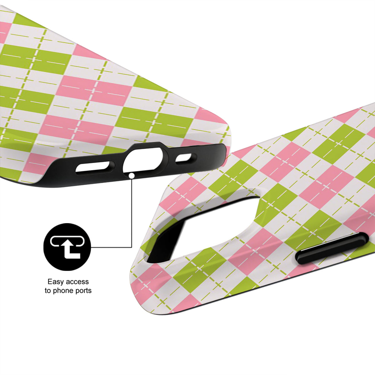 Phone case with pink and green checkered pattern on a white background