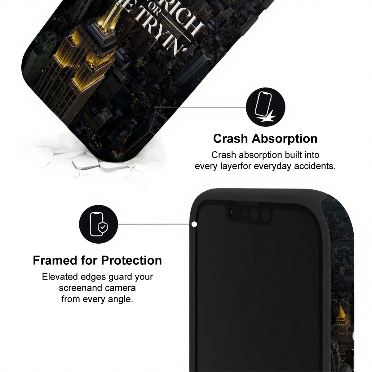 Phone case with text highlighting crash absorption and protection features on a white background.