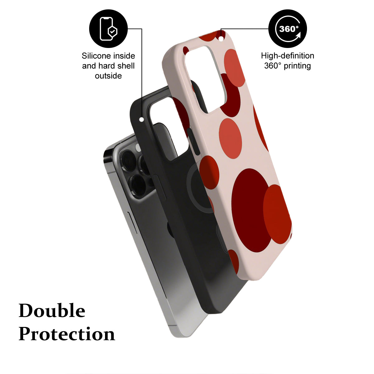 Phone case with red polka dots and black hard shell on a white background