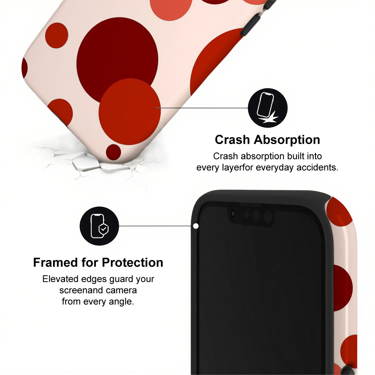 Phone case with red polka dots and text highlighting crash absorption and protection features.