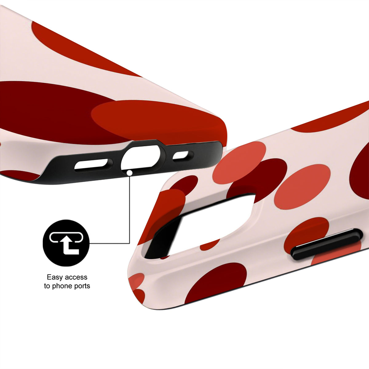 Phone case with red polka dots and a white background