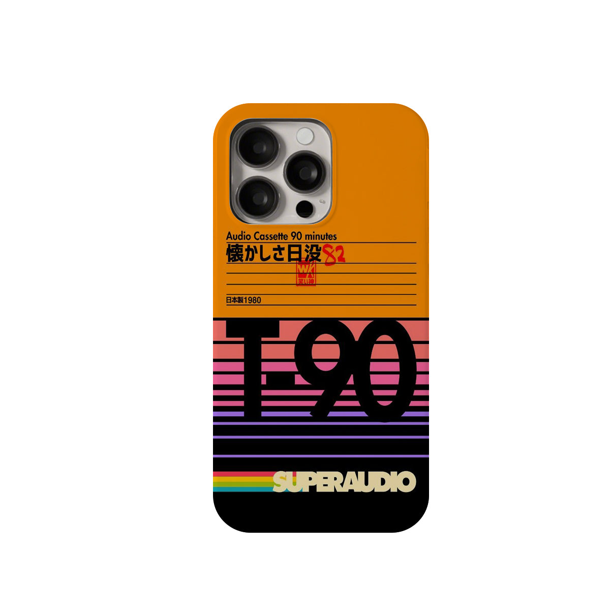 Phone case with retro design featuring text and colors on a white background