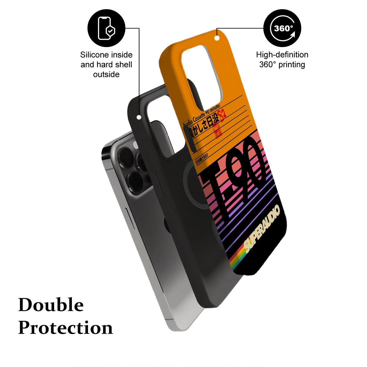 Phone case with colorful design and text, featuring 'SuperAudio' branding.