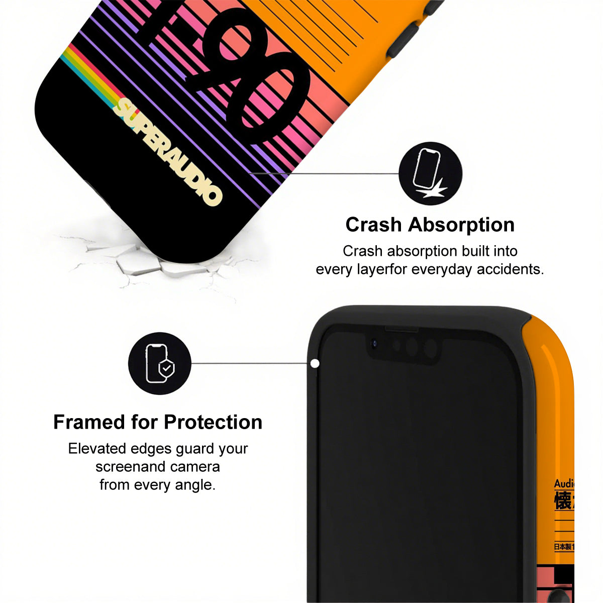 Phone case with Superaudio branding and crash absorption features on a white background