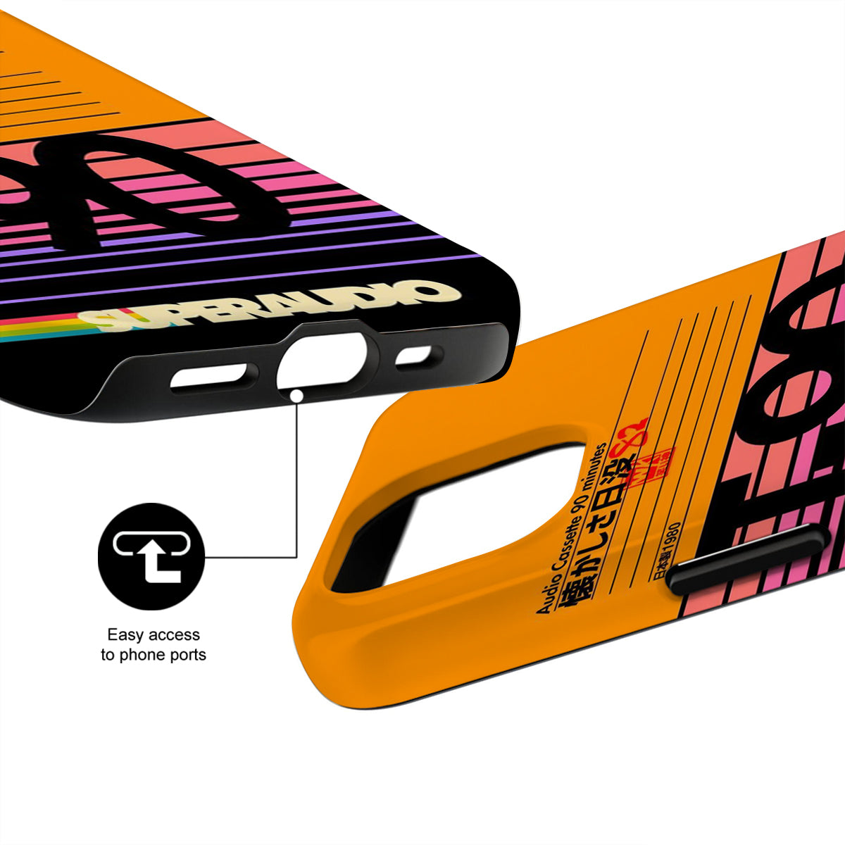 Colorful phone case with brand name and port access feature on a white background