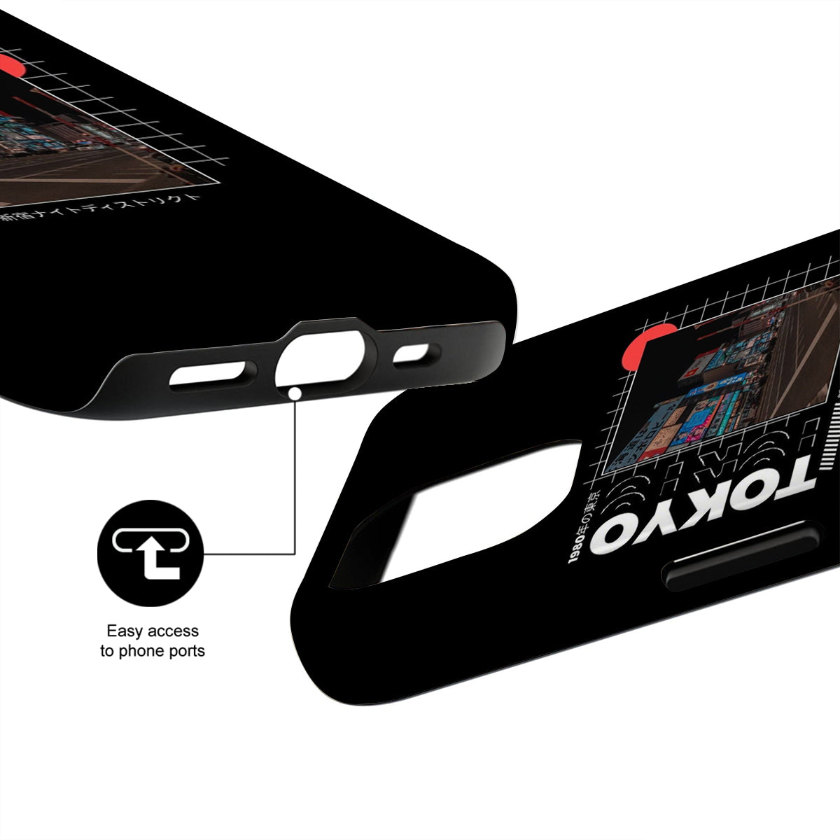 Black phone case with 'Tokyo' text and port accessibility features on a white background