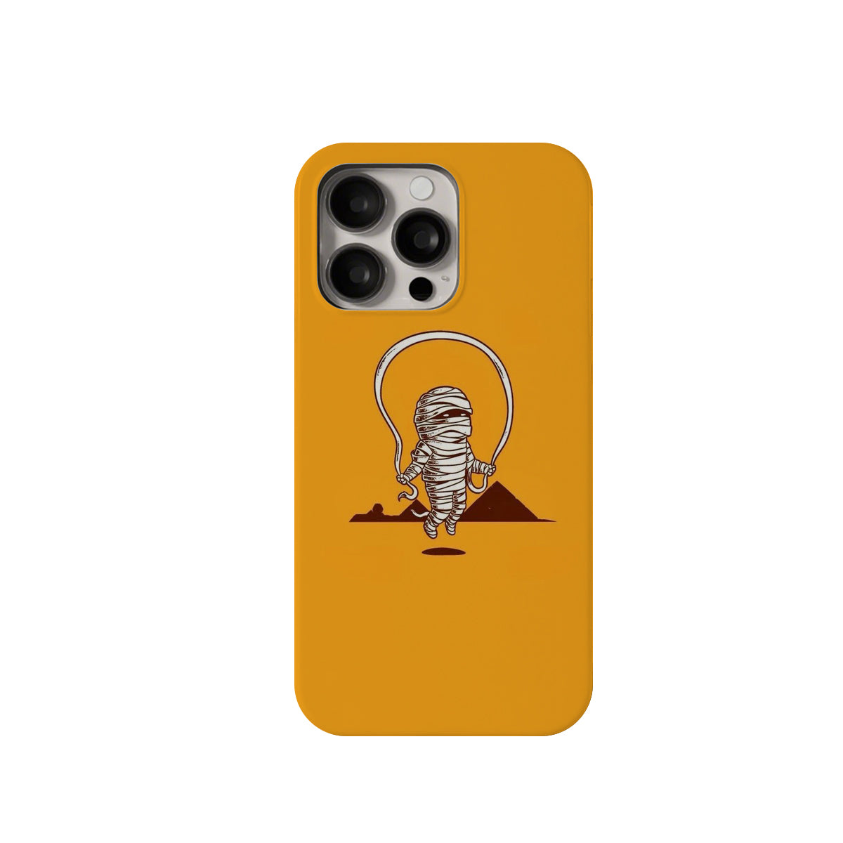 Phone case with mummy design on a mustard yellow background