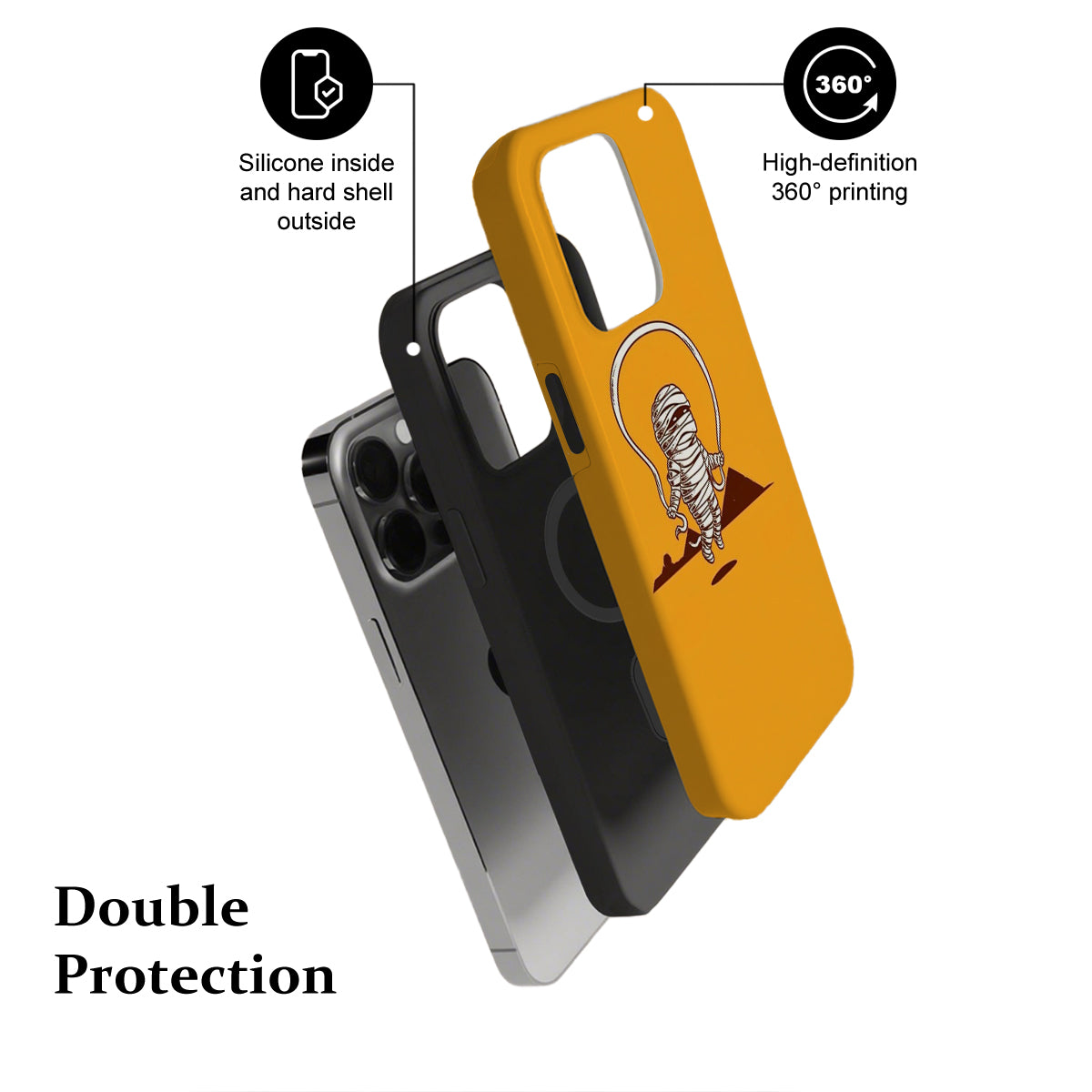 Phone case with yellow and black design on a white background