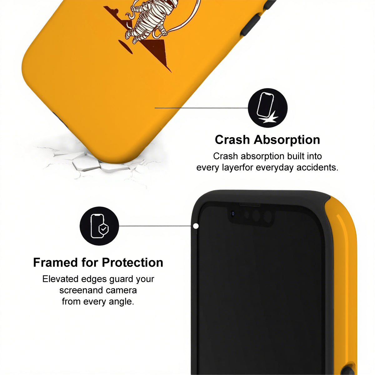 Yellow and black phone case with crash absorption and protection features on a white background
