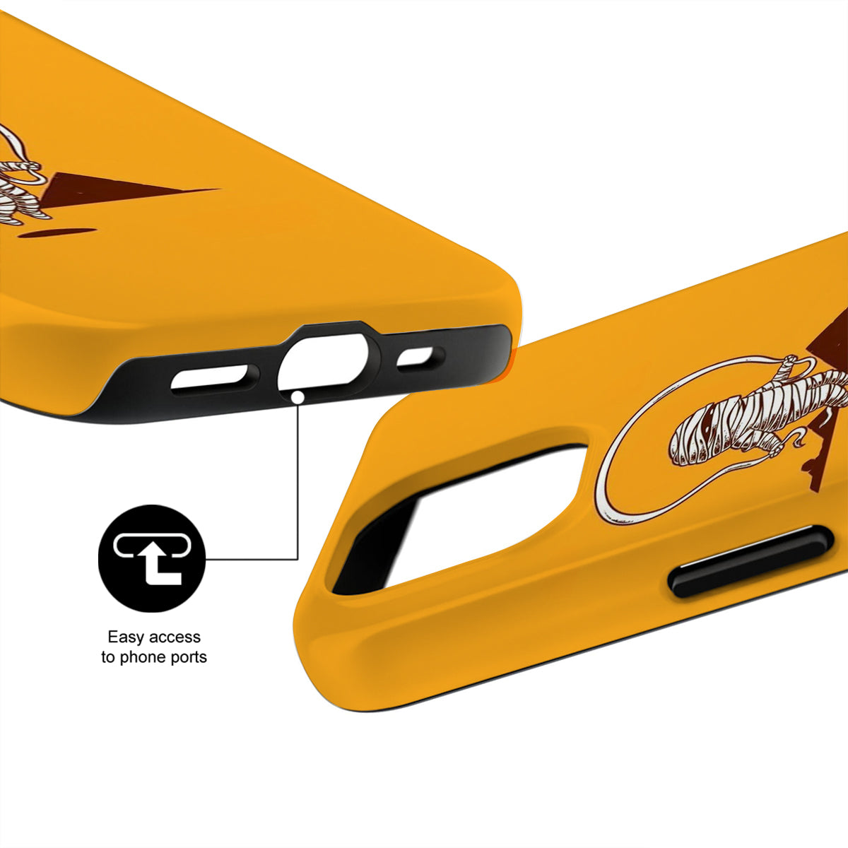 Yellow phone case with a design and text indicating easy access to phone ports on a white background