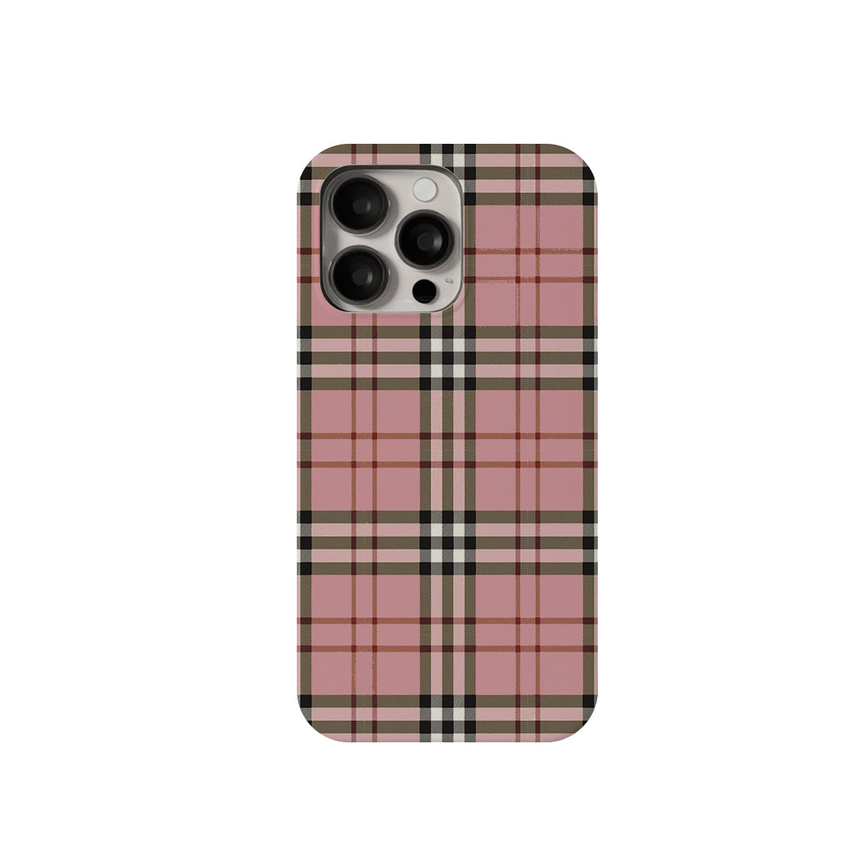 Phone case with pink and brown plaid pattern on a white background