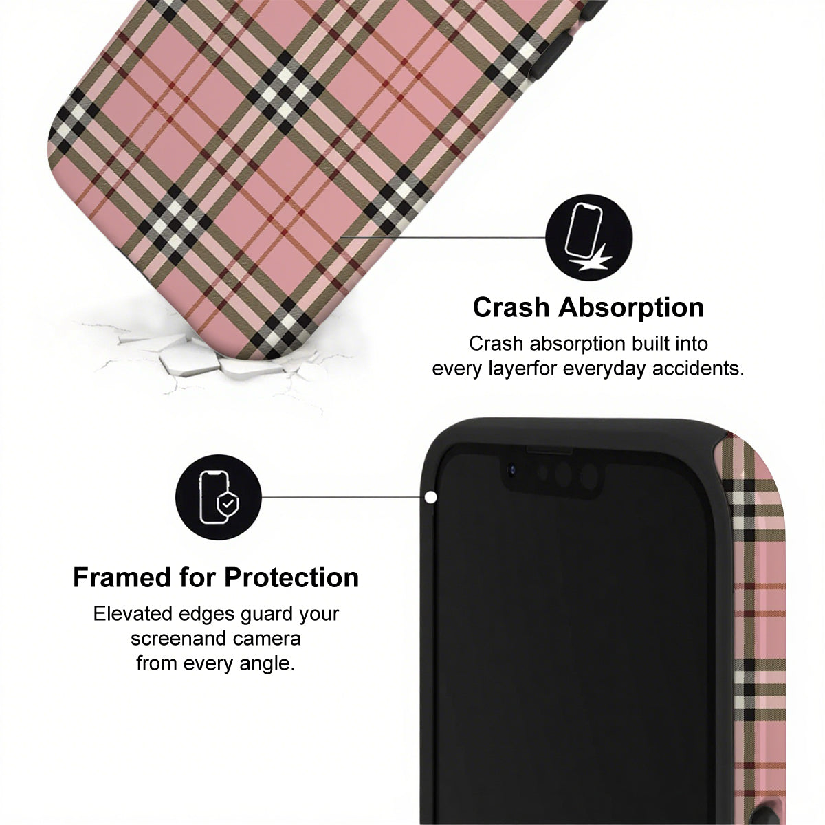 Phone case with plaid design and text highlighting crash absorption and protection features.