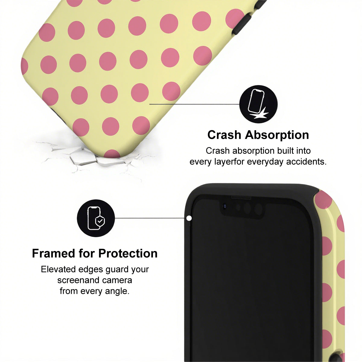 Phone case with polka dot design and text highlighting crash absorption and protection features.
