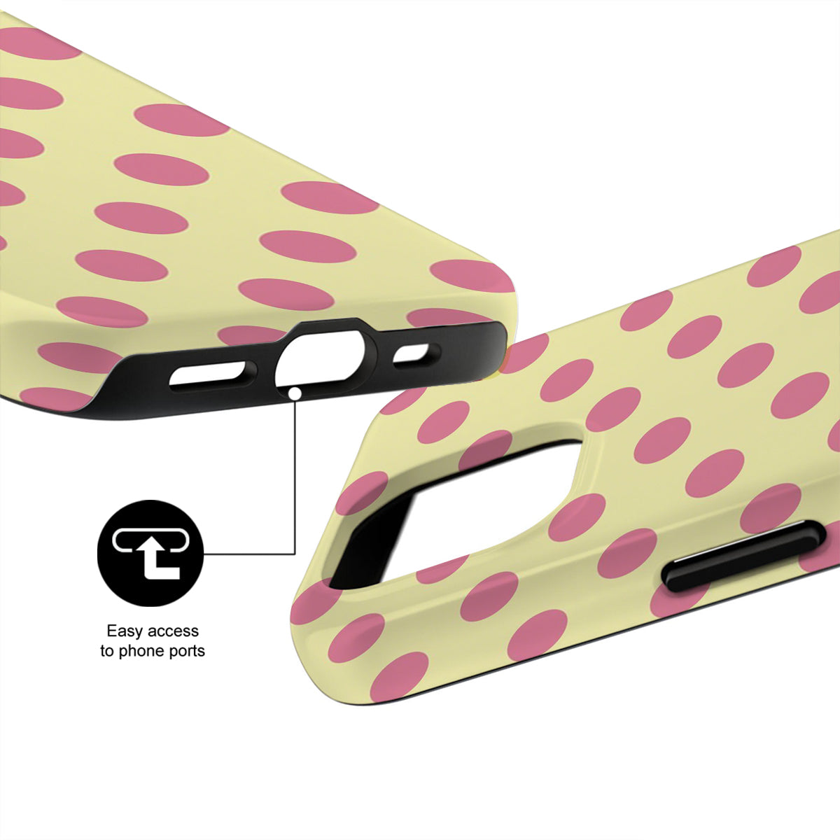 Phone case with pink polka dots on a beige background, showing ease of access to phone ports.