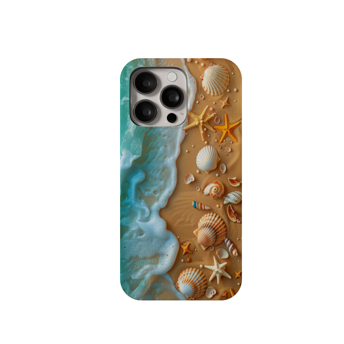 Phone case with beach design featuring shells and starfish on a white background