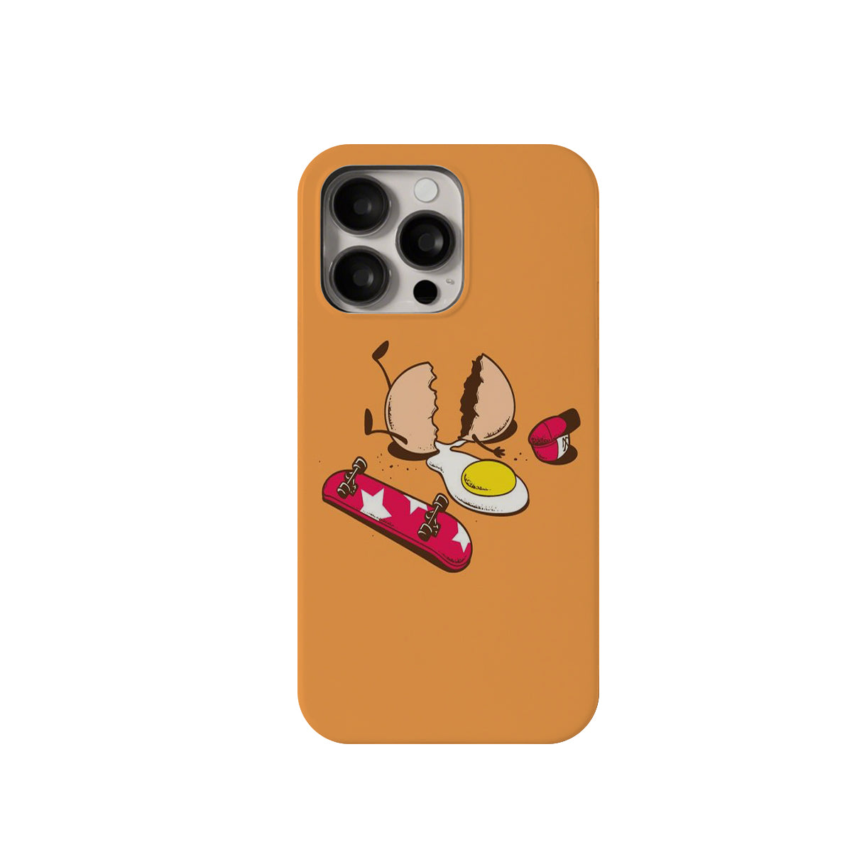 Phone case with cartoon design of a sausage, egg, and bread on an orange background
