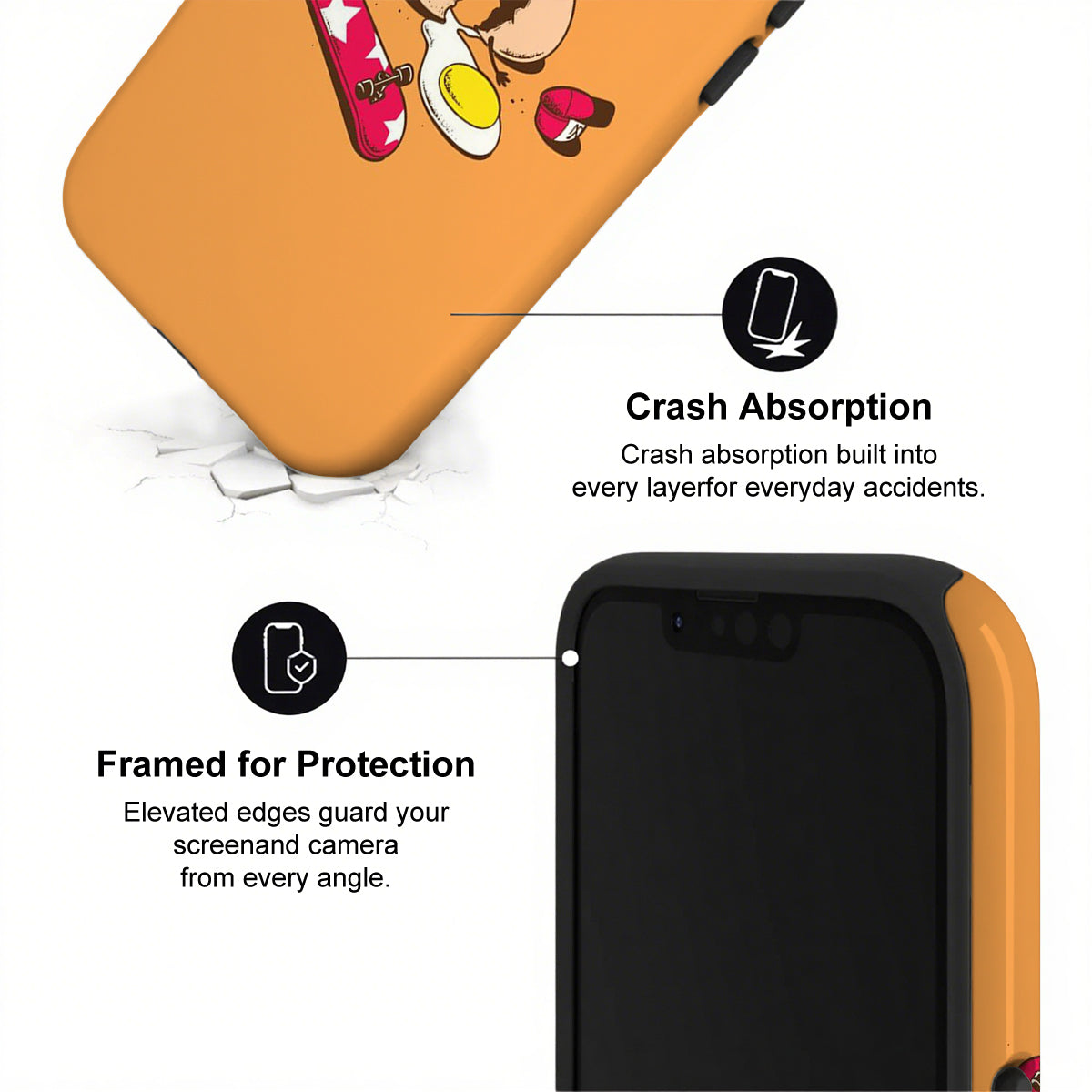 Phone case with cartoon design and text highlighting crash absorption and protection features.