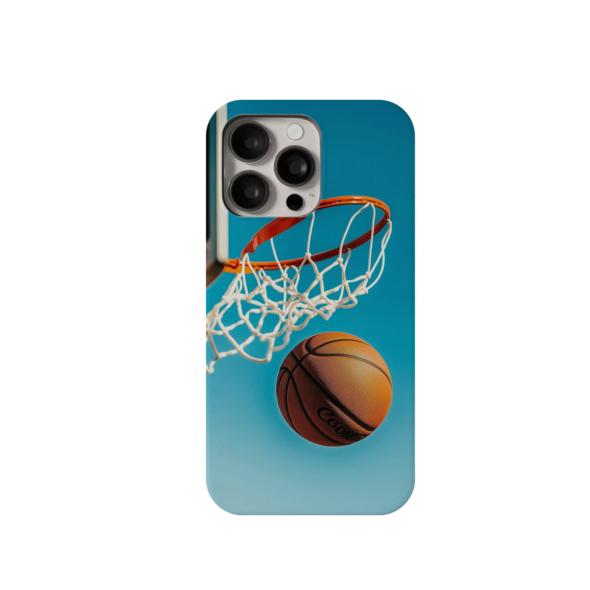 Phone case with basketball design on a blue gradient background
