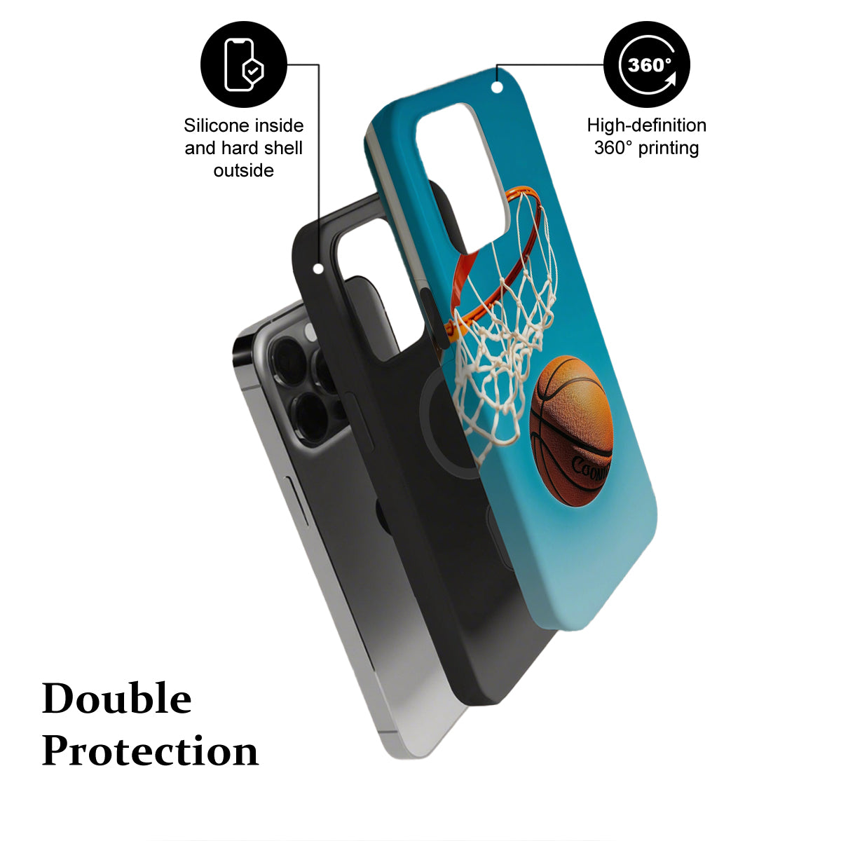 Phone case with basketball design and features on a white background