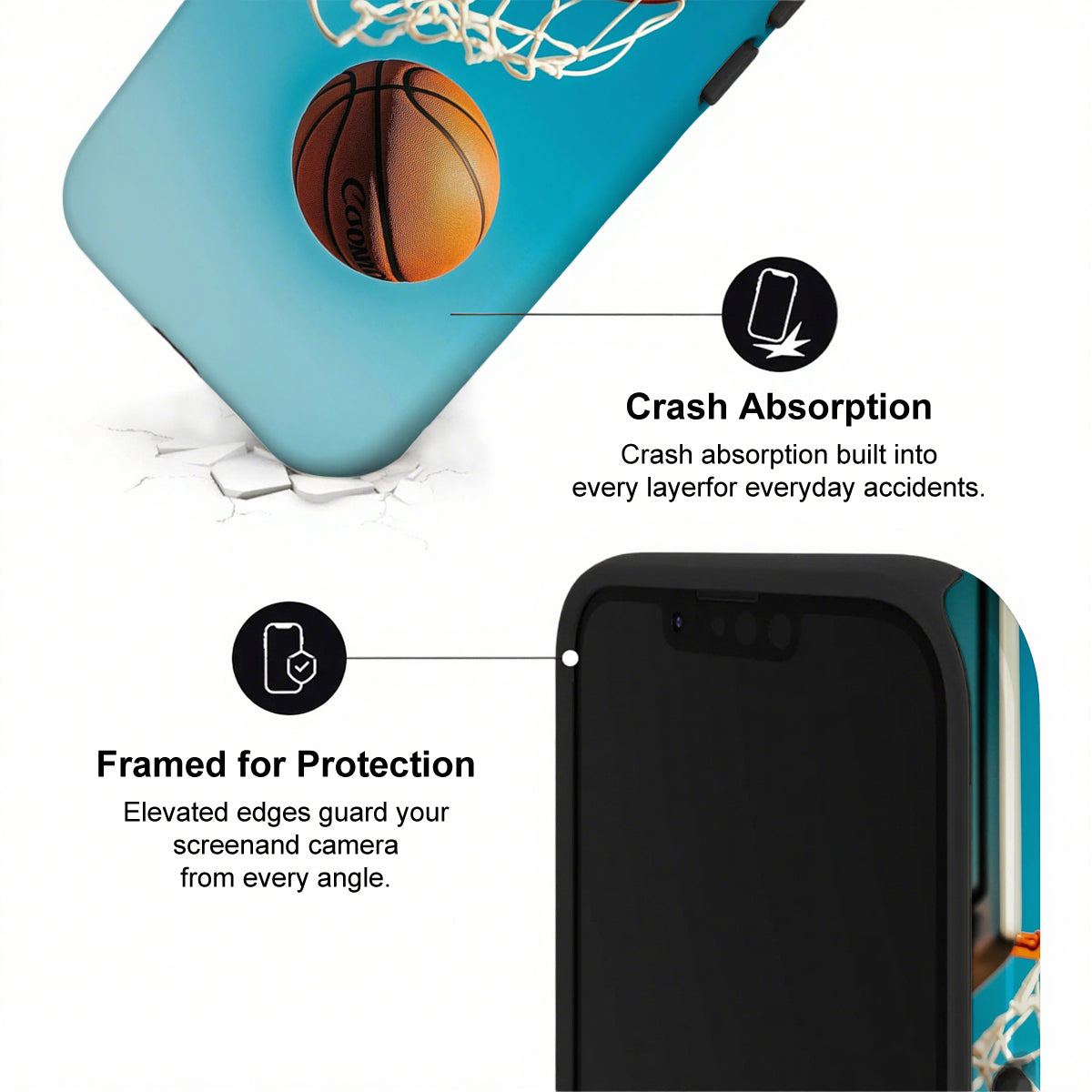 Phone case with basketball design and features highlighted on a white background
