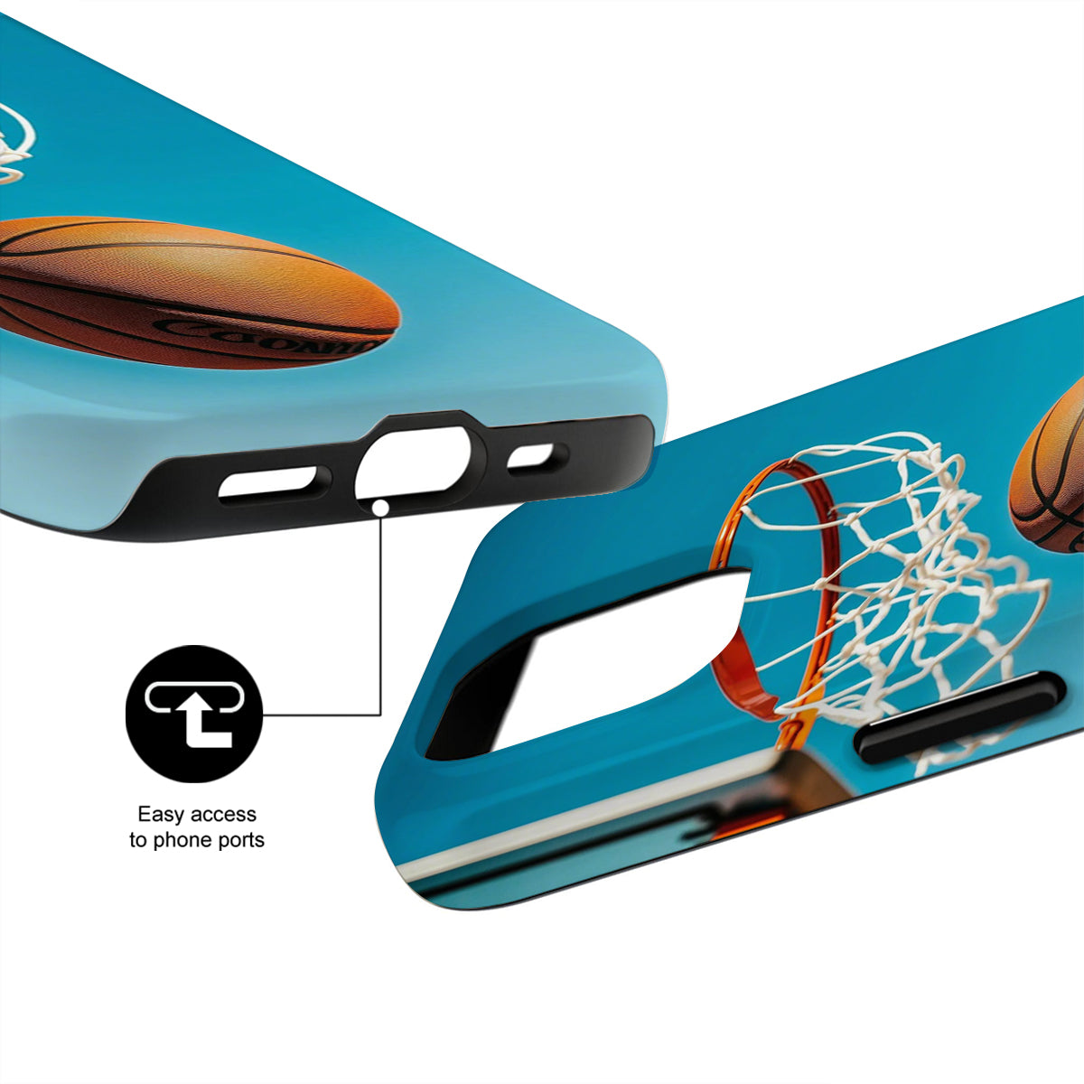 Basketball-themed phone case with a hoop and ball design, showing easy access to phone ports.