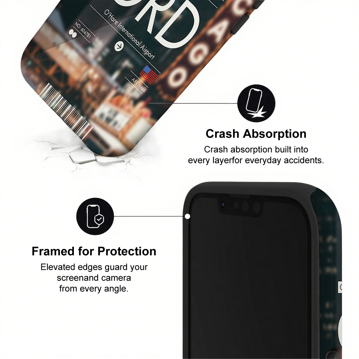 Phone case with crash absorption and framed protection features on a white background