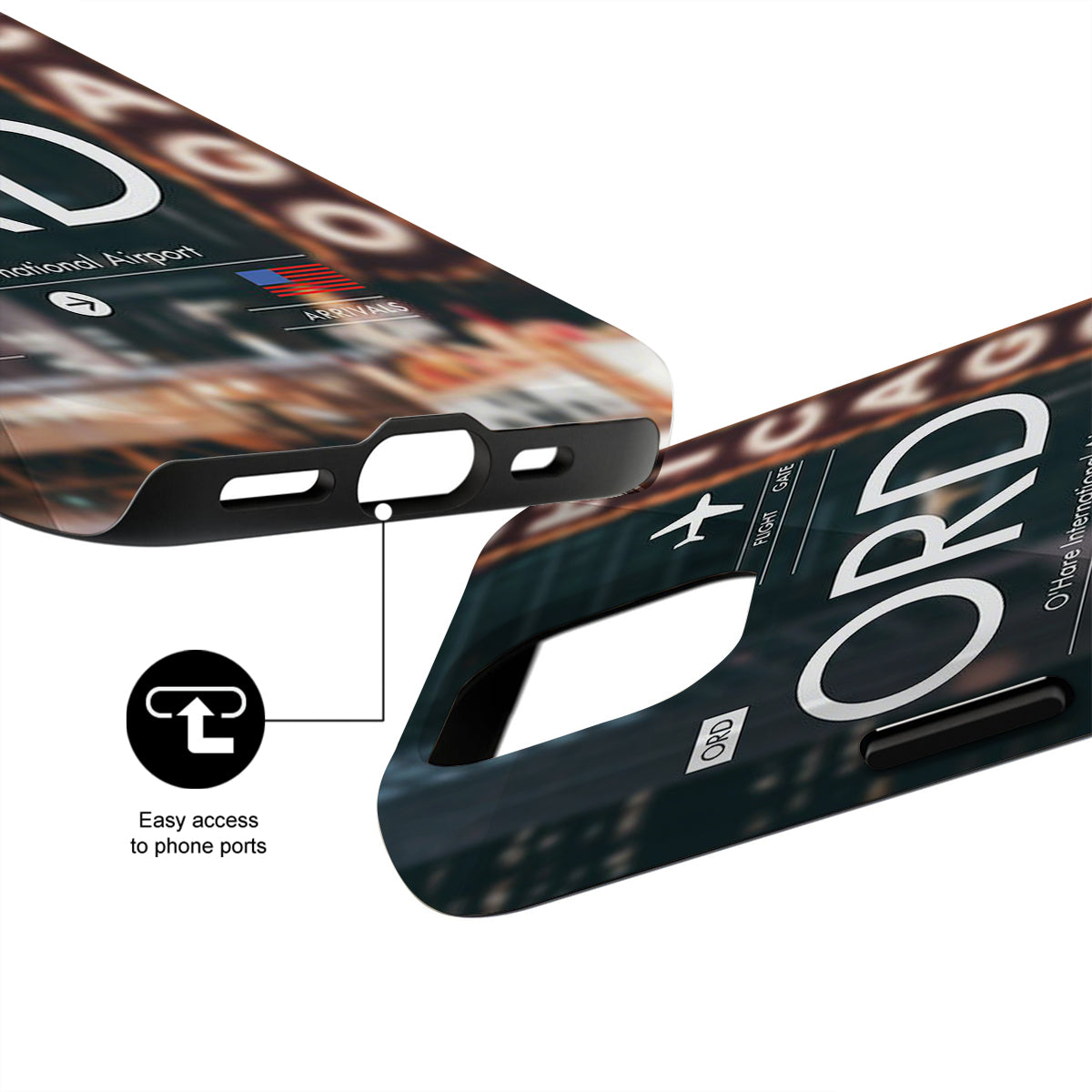 Phone case with 'ORD' branding and airport details, showing easy access to phone ports.