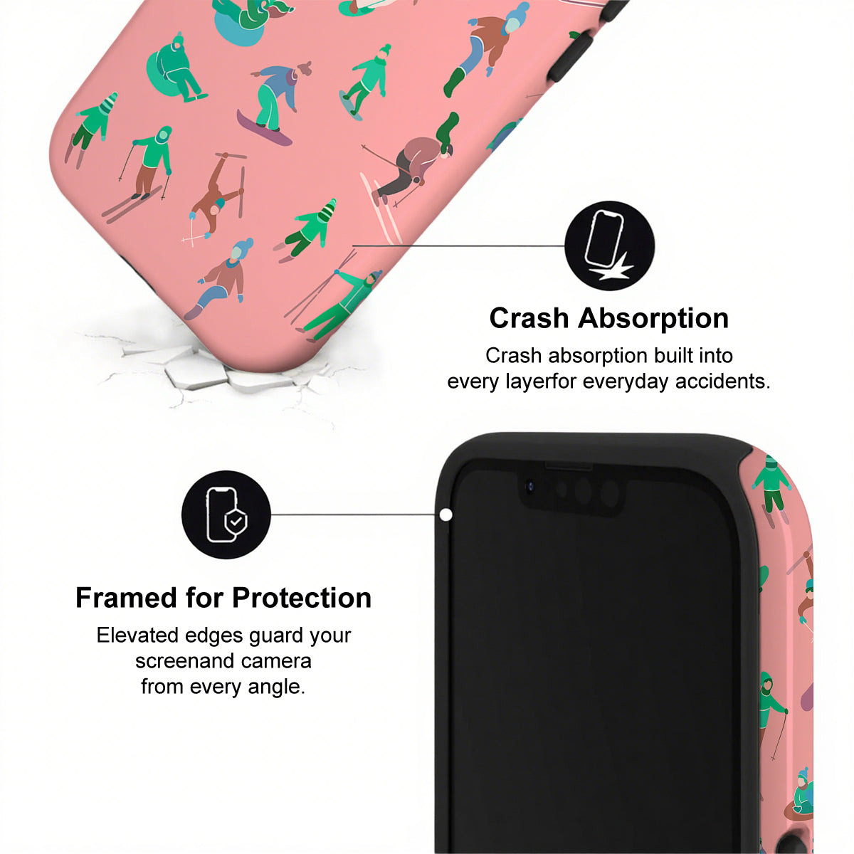 Phone case with crash absorption and protection features on a white background