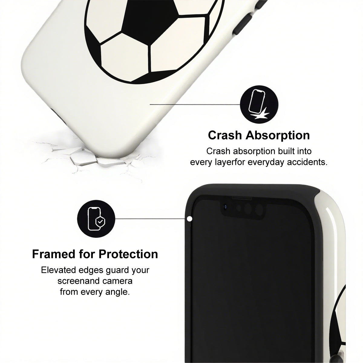 Phone case with soccer ball design and text highlighting crash absorption and protection features.