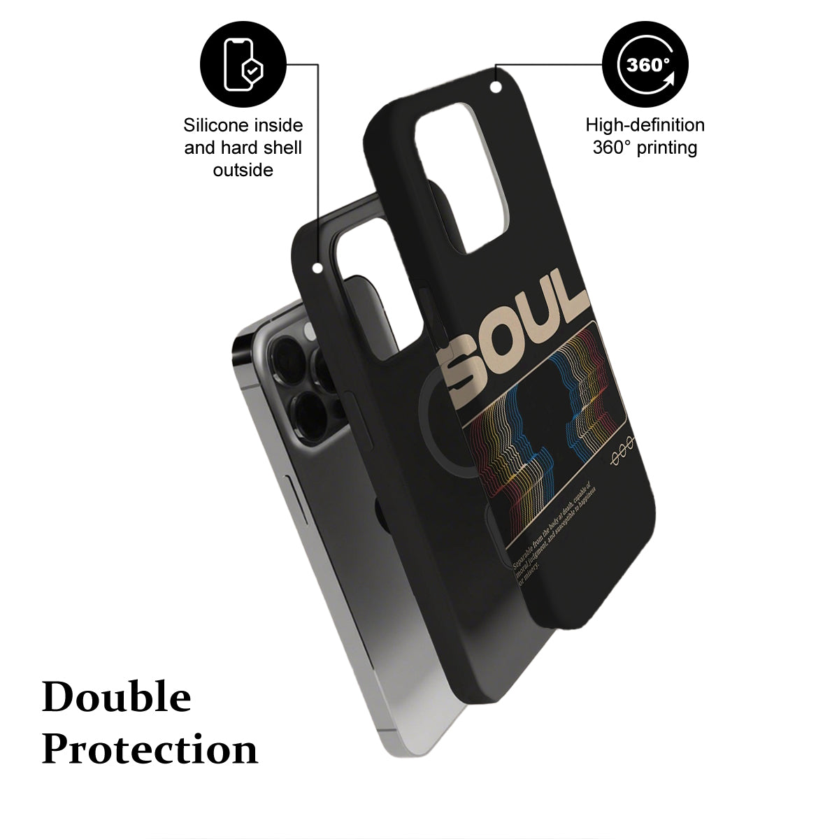 Phone case with 'SOUL' branding and text on a white background