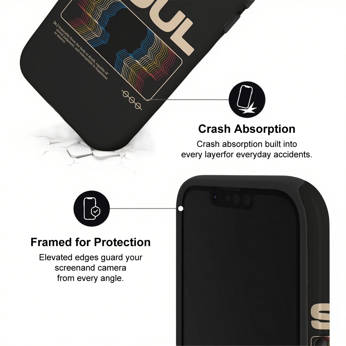 Black phone case with text highlighting crash absorption and protection features on a white background