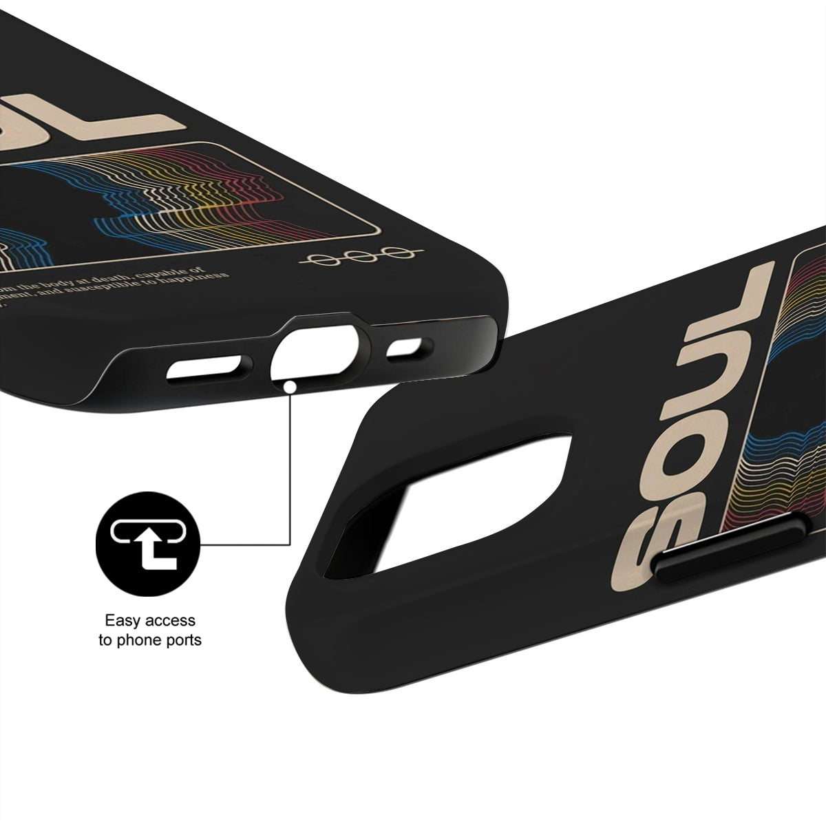 Black phone case with brand logo and text on a white background