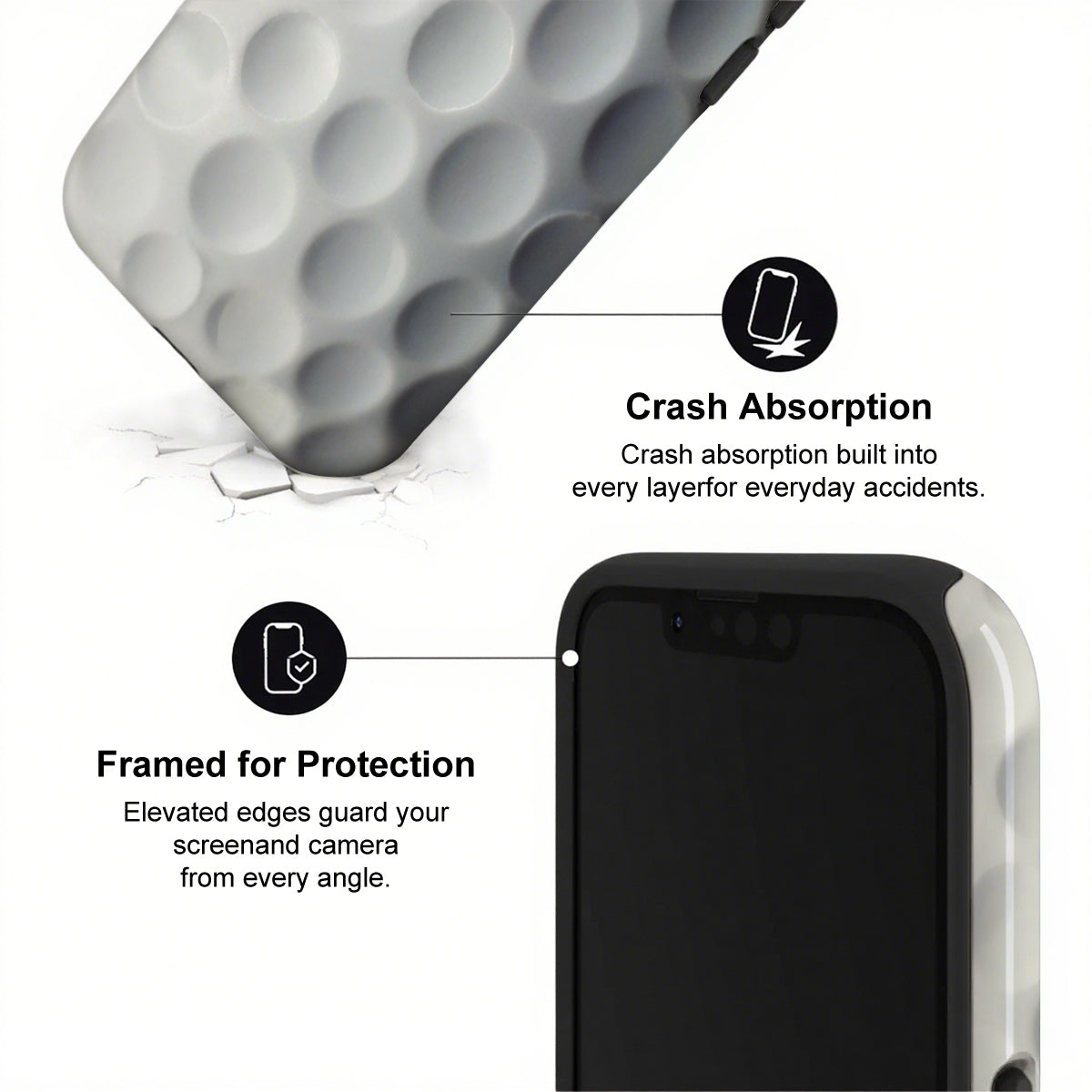 Phone case with crash absorption and protection features on a white background