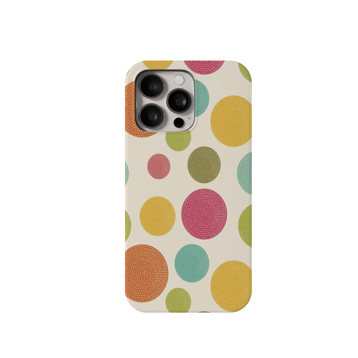 Phone case with colorful circular pattern on a beige background