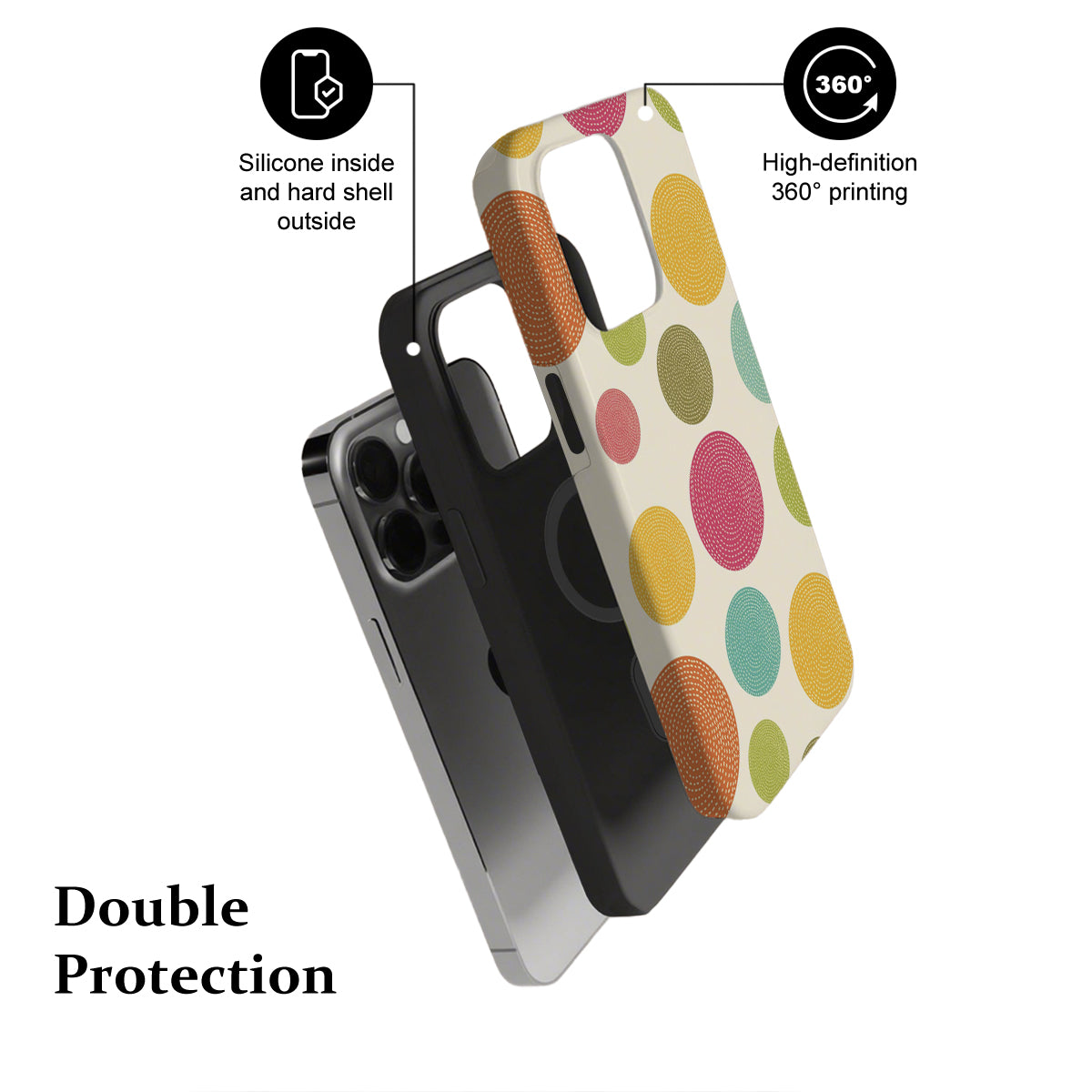 Phone case with polka dot design and text highlighting features on a white background