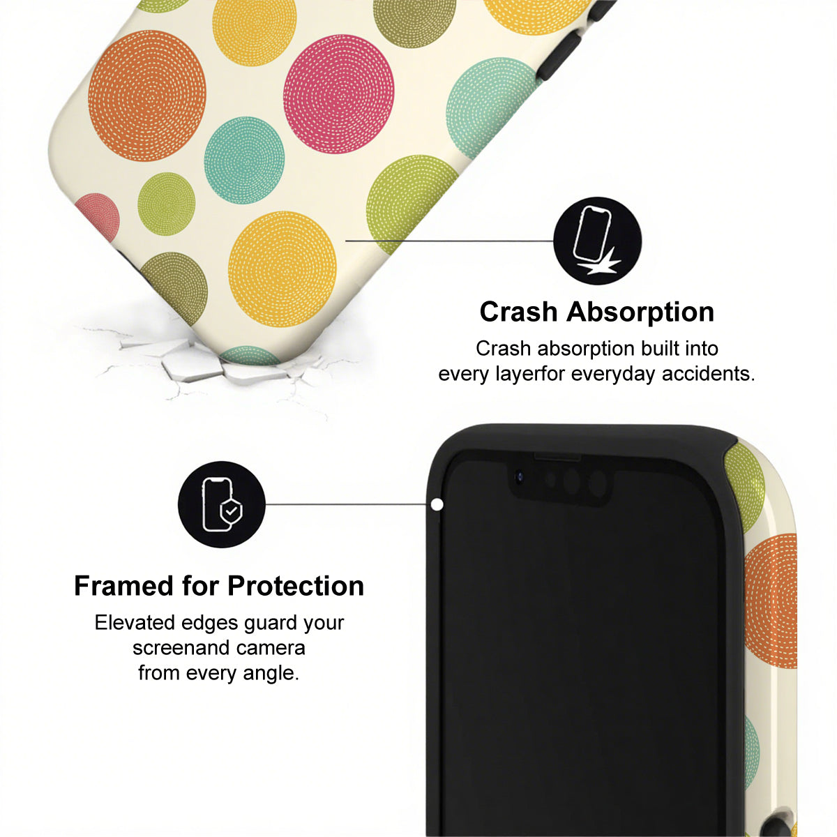 Phone case with colorful polka dot design and text highlighting crash absorption and protection features.