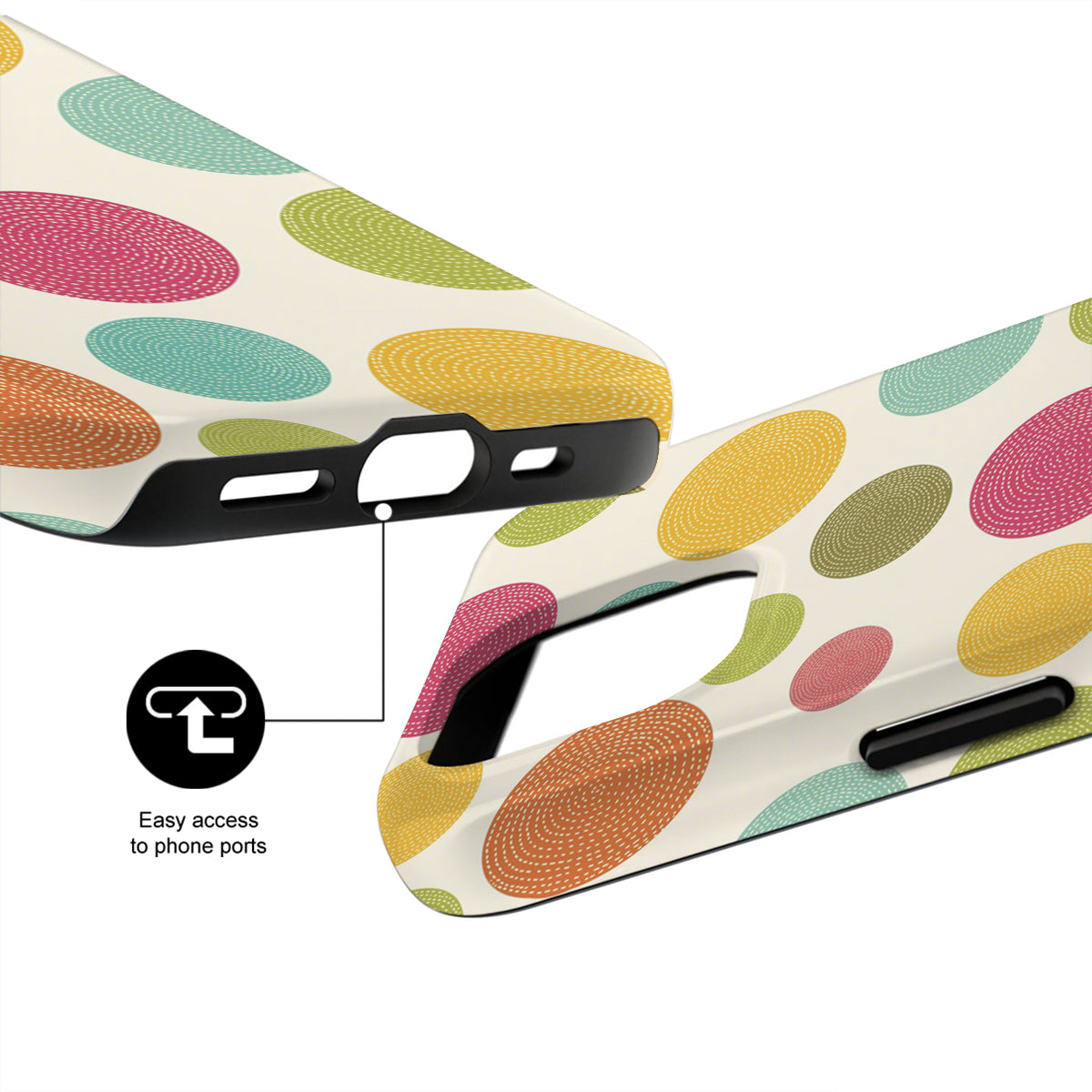 Colorful polka dot phone case with ports highlighted on a white background