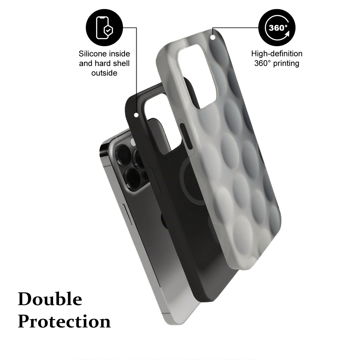 Two phone cases with text indicating features and double protection on a white background