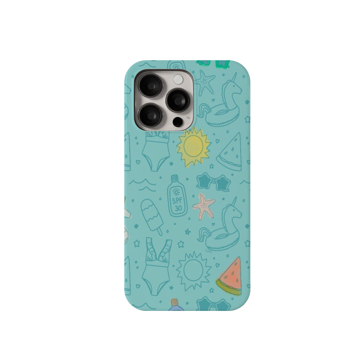 Phone case with summer-themed design on a light blue background