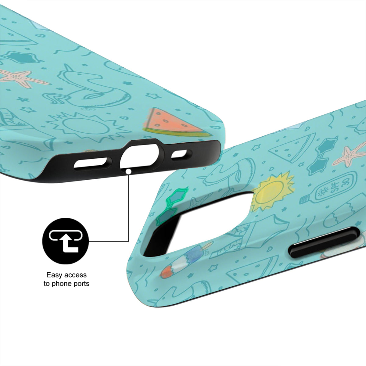 Phone case with summer-themed design and easy access to phone ports feature.