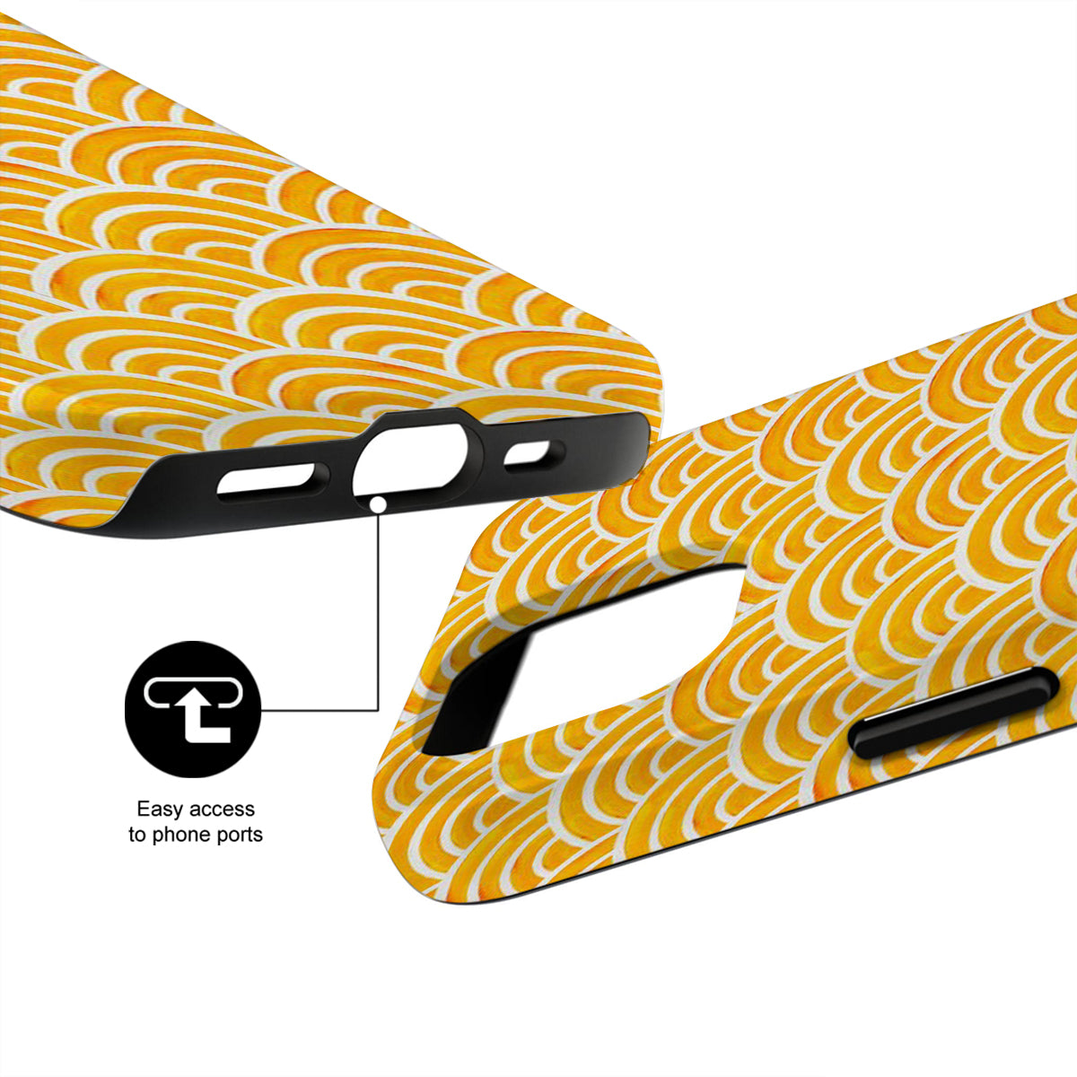 Yellow phone case with wave pattern and black accents on a white background