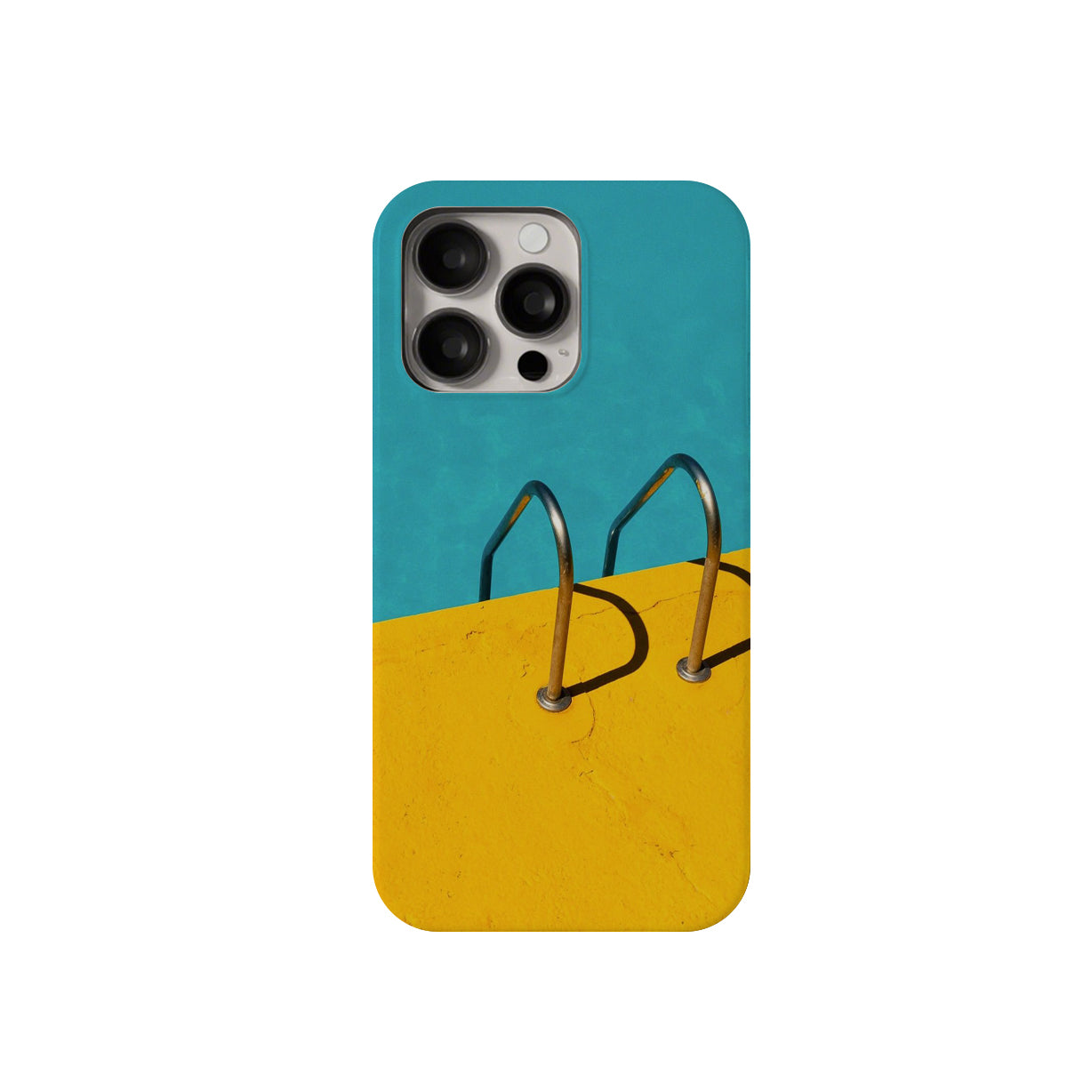 Phone case with a blue and yellow design featuring a pool ladder.